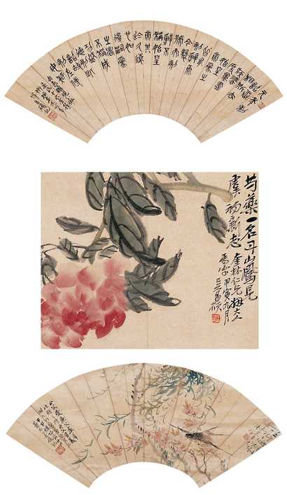 吴昌硕 陆恢 壬午（1882）、甲申（1884）、甲寅（1914）年作 篆书 芍药 桃花燕子（三挖） 屏轴